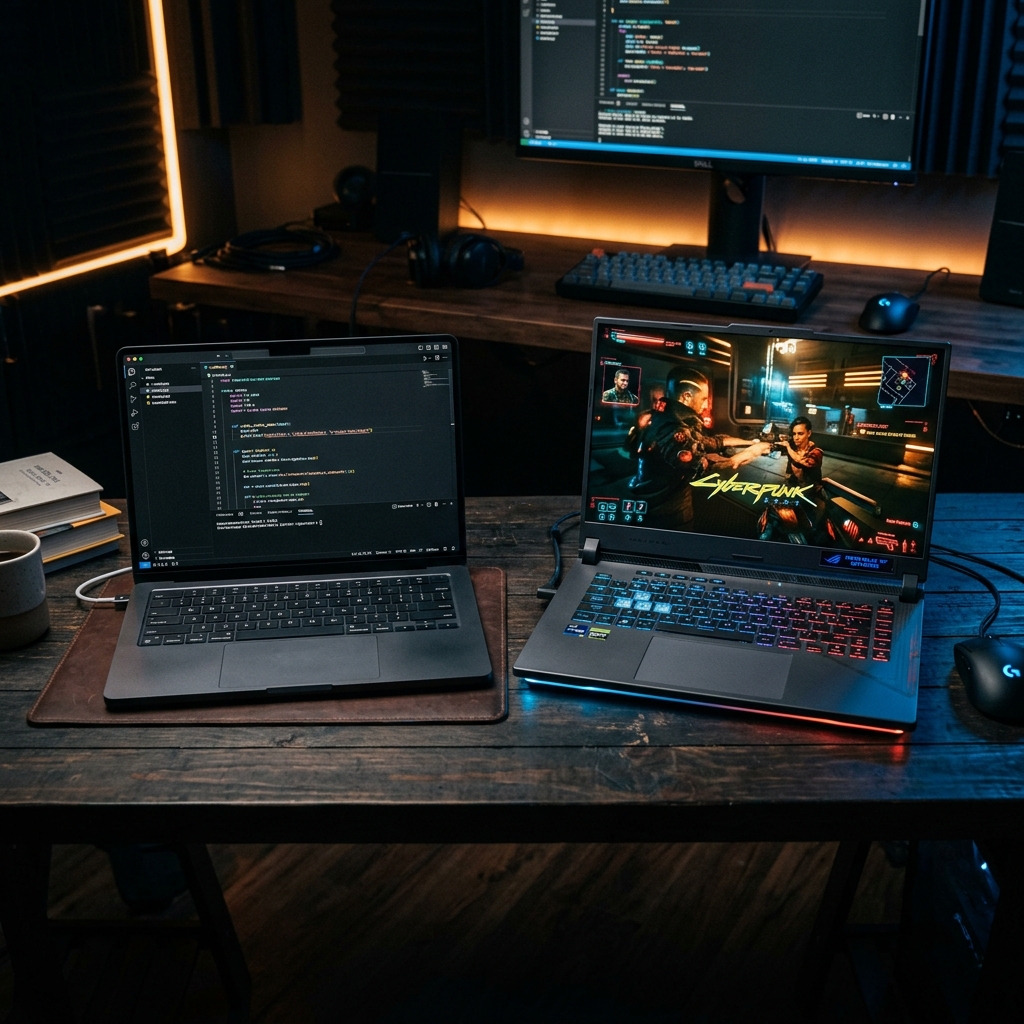 Apple MacBook Pro M4 vs ASUS ROG Strix G16 — side by side on a dark desk